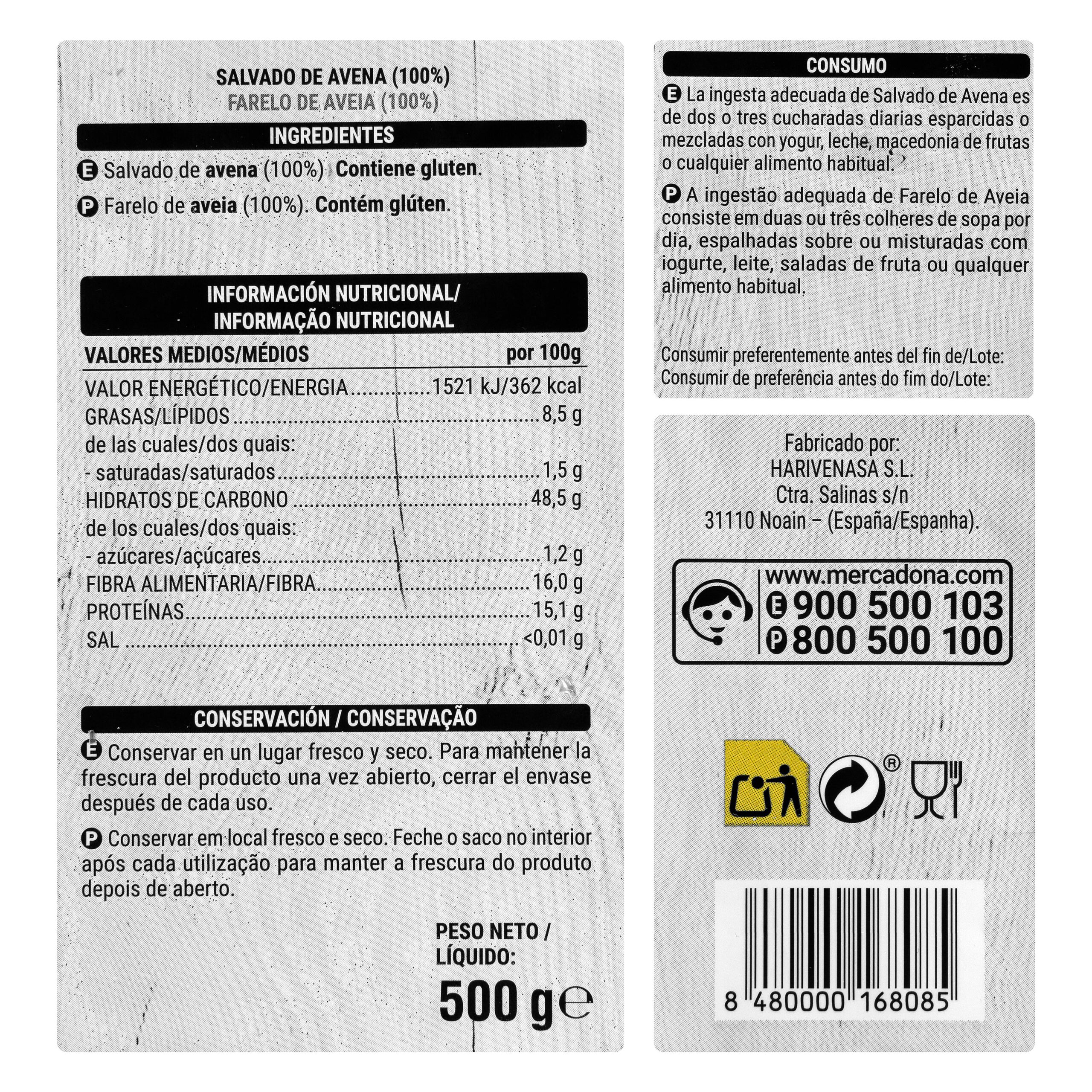 Etiqueta Salvado de avena Hacendado con 16% de fibra